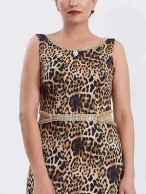 Leopard Print Sleeveless Dress with Gold Beaded Trim